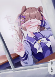 Rule 34 | 1girl, animal ears, blush, breasts, brown hair, classroom, closed mouth, collarbone, covering face, droopy ears, embarrassed, hair ornament, hair ribbon, horse ears, long sleeves, medium breasts, medium hair, portrait, puffy long sleeves, puffy sleeves, ribbon, school uniform, smart falcon (umamusume), solo, texas (arknights), texas (winter messenger) (arknights), tracen school uniform, translation request, triangle (zztg3775), umamusume, window, writing