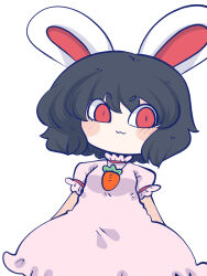 Rule 34 | 1girl, :3, animal ears, black hair, blush, chahan (fried rice0614), chibi, collar, commentary, cowboy shot, dress, frilled collar, frilled dress, frilled sleeves, frills, highres, inaba tewi, looking at viewer, pink dress, puffy short sleeves, puffy sleeves, rabbit ears, rabbit girl, red eyes, red ribbon, ribbon, ribbon-trimmed collar, ribbon-trimmed sleeves, ribbon trim, short hair, short sleeves, simple background, solo, touhou, white background