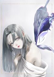 Rule 34 | 1girl, bare shoulders, black hair, blunt ends, border, bug, butterfly, from side, grey background, grey eyes, grey hair, hair down, hand up, highres, insect, kanzaki aoi (kimetsu no yaiba), kimetsu no yaiba, lipstick, long hair, looking at viewer, makeup, miniko 56789, off shoulder, parted bangs, red lips, signature, solo, straight hair, twitter username, upper body, white background