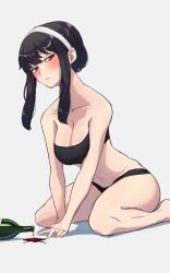 Rule 34 | 1girl, absurdres, bandeau, bare legs, bare shoulders, black hair, black panties, blush, bottle, bra, breasts, cleavage, collarbone, grey background, grimmelsdathird, hairband, highres, large breasts, long hair, looking at viewer, navel, panties, red eyes, sidelocks, simple background, sitting, solo, spy x family, stomach, strapless, strapless bra, thighs, tube top, underwear, underwear only, wariza, white hairband, yor briar