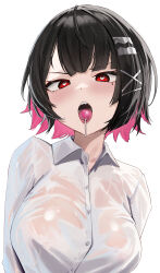 1girl absurdres black_hair blush breasts candy collared_shirt colored_inner_hair drooling ellen_joe food hair_ornament hairclip heart heart_in_eye highres large_breasts lollipop looking_at_viewer medium_hair mole mole_under_eye mouth_drool multicolored_hair open_mouth pink_eyes red_eyes red_hair see-through_clothes see-through_shirt sharp_teeth shirt simple_background skai_kun solo symbol_in_eye teeth two-tone_hair white_background white_shirt zenless_zone_zero