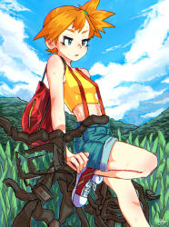 Rule 34 | 1girl, 369 (3693xyz), aqua eyes, arm support, artist name, bag, bare arms, bare legs, bare shoulders, bicycle, blue sky, cloud, cloudy sky, cowboy shot, creatures (company), crop top, cropped shirt, day, denim, denim shorts, eyelashes, game freak, grass, green shorts, gym leader, half-closed eyes, highres, looking afar, medium hair, midriff, misty (pokemon), mountainous horizon, navel, nintendo, orange hair, outdoors, parted lips, pokemon, pokemon (anime), pokemon (classic anime), rust, shirt, shoes, shorts, shoulder bag, side ponytail, sitting, sky, sleeveless, sleeveless shirt, solo, spiked hair, stomach, suspenders, sweat, yellow shirt