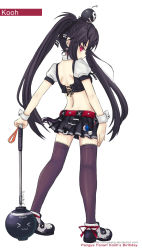 Rule 34 | 1girl, belt, bingsang, black hair, black thighhighs, bomb, cross-laced clothes, cross-laced top, explosive, female focus, from below, full body, golf club, hair ribbon, kooh, long hair, looking back, midriff, miniskirt, pangya, red eyes, ribbon, shoes, skirt, solo, thighhighs, twintails, white background, wrist cuffs