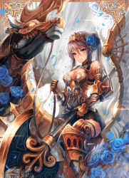 Rule 34 | 1girl, armor, axe, barding, battle axe, breasts, cleavage, cleavage cutout, clothing cutout, fishnet thighhighs, fishnets, flower, gauntlets, greaves, green eyes, hair between eyes, hair flower, hair ornament, horse, large breasts, light smile, long hair, nigoro, original, pegasus, petals, pleated skirt, polearm, ponytail, riding, silver hair, sitting, skirt, solo, thighhighs, tiara, weapon