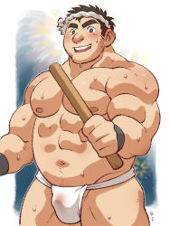 Rule 34 | 1boy, abs, alternate costume, bara, belly, blush, bulge, character request, drumsticks, facial hair, fireworks, fundoshi, highres, japanese clothes, large pectorals, looking at viewer, male focus, male underwear, mature male, muscular, muscular male, navel, navel hair, nipples, pectorals, see-through, shirako (kirupi), short hair, sideburns, solo, stomach, stubble, sweat, thick eyebrows, thick thighs, thighs, tokyo houkago summoners, underwear, underwear only, wet, wet clothes, wet male underwear, white male underwear, zao (housamo)