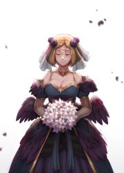 Rule 34 | 1girl, alternate costume, blush, bouquet, breasts, cleavage, closed eyes, dress, evomanaphy, female focus, fire emblem, fire emblem heroes, flower, freckles, highres, holding, holding bouquet, kiran (female) (fire emblem), kiran (fire emblem), large breasts, lily (flower), nintendo, petals, simple background, smile, solo, veil, wedding, wedding dress, white background, wings