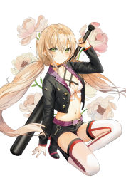 Rule 34 | 1girl, arm up, bad id, bad pixiv id, baseball bat, belt, belt buckle, black choker, black footwear, black jacket, black shorts, blonde hair, blush, boots, breasts, brown flower, buckle, choker, cleavage, closed mouth, flower, full body, green eyes, hair between eyes, high heel boots, high heels, holding, holding baseball bat, jacket, lloule, long hair, long sleeves, looking at viewer, low twintails, medium breasts, midriff, navel, open clothes, open jacket, original, purple belt, short shorts, shorts, sidelocks, simple background, smile, solo, squatting, star (symbol), thighhighs, thighhighs under boots, twintails, very long hair, white background, white thighhighs