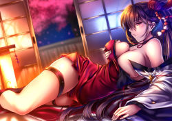 Rule 34 | 1girl, akeyama kitsune, azur lane, blush, breasts, brown hair, cleavage, convenient censoring, dress, grabbing own breast, hair ornament, half-closed eyes, indoors, japanese clothes, large breasts, long hair, looking at viewer, lying, night, on side, one breast out, open mouth, ponytail, red dress, skindentation, smile, thigh strap, thighs, very long hair, wide sleeves, zuikaku (azur lane)