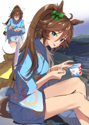 Rule 34 | &gt; &lt;, 1girl, ^^^, animal ears, blue eyes, blue kimono, blush, bow, bracelet, brain freeze, breasts, brown hair, closed mouth, commentary request, cowboy shot, cup, ear bow, ears down, food, green bow, holding, holding cup, horse ears, horse girl, horse tail, horseshoe print, japanese clothes, jewelry, kimono, long hair, long sleeves, looking at viewer, misu kasumi, mr. c.b. (umamusume), multiple views, obi, outdoors, ponytail, revision, river, sash, shaved ice, sitting, small breasts, smile, tail, tongue, tongue out, tracen ondo outfit (umamusume), trembling, umamusume, water, yukata