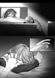 Rule 34 | 2girls, absurdres, braid, braided bun, chief (path to nowhere), closed eyes, commentary request, female chief (path to nowhere), greyscale, hair bun, hand in another&#039;s hair, hand on another&#039;s arm, highres, monochrome, multiple girls, nightingale (path to nowhere), on bed, path to nowhere, pillow, scar, scar on arm, scar on hand, sleeping, toho10min, yuri