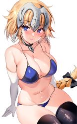 Rule 34 | 1girl, absurdres, arm support, armpit crease, bare shoulders, bikini, black choker, black thighhighs, blonde hair, blue bikini, blue eyes, bow, braid, breasts, choker, cleavage, elbow gloves, fate/grand order, fate (series), gloves, hair bow, headdress, highres, jeanne d&#039;arc (fate), jeanne d&#039;arc (ruler) (fate), large breasts, long hair, looking at viewer, low ponytail, navel, shiny clothes, shiny legwear, simple background, single braid, sitting, skindentation, smile, solo, stomach, string bikini, swimsuit, thighhighs, thighs, very long hair, white background, white gloves, zerocat