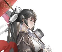 Rule 34 | 1girl, azur lane, black hair, blouse, bow, breasts, brown eyes, chinese commentary, closed mouth, commentary request, earrings, from side, gloves, hair between eyes, hand up, highres, holding, holding umbrella, jewelry, large breasts, long hair, looking afar, najiu jiao xiaolan ba, ponytail, shirt, sidelocks, simple background, solo, takao (azur lane), tassel, tassel earrings, umbrella, upper body, white background, white bow, white gloves, white shirt