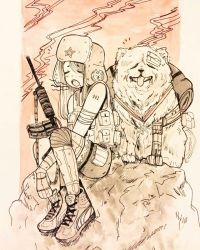 Rule 34 | 1girl, ammunition pouch, animal, assault rifle, backpack, bad id, bad tumblr id, bag, bare shoulders, closed eyes, commentary, crisalys, cross-laced footwear, cyborg, dog, female focus, fur hat, gun, hat, highres, holding, holding gun, holding weapon, kevlar, knees up, load bearing vest, medal, monochrome, open mouth, original, pouch, rifle, rock, shoes, shorts, sitting, sitting on rock, sleepy, solo, tongue, tongue out, ushanka, vest, weapon, yawning