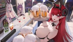 Rule 34 | 3girls, alcohol, animal ears, arm strap, arm support, azur lane, bare shoulders, beer, beer bottle, beer mug, black bow, black bowtie, black headband, black horns, black leotard, bottle, bow, bowtie, breasts, cleavage cutout, clothing cutout, cocktail shaker, colored inner hair, counter, cup, curled horns, demon girl, detached collar, drinking glass, fake animal ears, from above, gloves, headband, hindenburg (azur lane), hindenburg (delirious duel) (azur lane), holding, holding tray, horns, houston (azur lane), houston ii (azur lane), houston ii (ready to serve!) (azur lane), huge breasts, indoors, jeze, kearsarge (all night charge) (azur lane), kearsarge (azur lane), leotard, long hair, looking at viewer, mug, multicolored hair, multicolored leotard, multiple girls, official alternate costume, open mouth, pantyhose, playboy bunny, pointy ears, purple eyes, purple hair, rabbit ears, red eyes, red hair, sleeves past elbows, strapless, strapless leotard, tray, undersized breast cup, very long hair, white gloves, white hair, window, wine glass