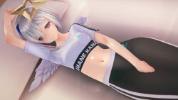 Rule 34 | 1girl, 3d, alternate costume, amane kanata, bed, blue eyes, breasts, halo, highres, hololive, looking at viewer, medium breasts, navel, pants, pillow, smile, sportswear, virtual youtuber, white hair, wings