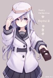 Rule 34 | 1girl, black sailor collar, black skirt, blue eyes, box, buttons, character name, dated, gift, gift box, grey background, hachikuji, hair between eyes, hammer and sickle, hat, heart, hibiki (kancolle), holding, holding gift, kantai collection, long hair, long sleeves, pleated skirt, sailor collar, sailor shirt, shirt, silver hair, simple background, skirt, solo, triangle mouth, valentine, verniy (kancolle), white hat, white shirt