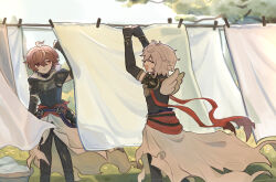 Rule 34 | 2boys, :d, ahoge, armor, arms up, breastplate, brown hair, cape, closed eyes, clothesline, commentary, elbow gloves, english commentary, expressionless, fingerless gloves, floating cape, forest, from behind, full body, gloves, granblue fantasy, hair between eyes, highres, hood, hood down, laundry, lucifer (shingeki no bahamut), male focus, messy hair, multiple boys, nature, open mouth, red eyes, red ribbon, ribbon, sandalphon (granblue fantasy), schw3iss b, short hair, smile, white cape, white hair, wind