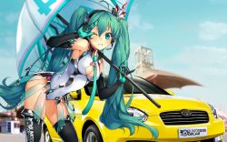 Rule 34 | 1girl, ahoge, bad id, bad pixiv id, car, cowboy shot, day, elbow gloves, gloves, goodsmile company, goodsmile racing, green eyes, green hair, hatsune miku, headset, highres, leaning forward, leotard, long hair, motor vehicle, necktie, one eye closed, outdoors, race queen, racing miku, racing miku (2013), samui amekemuri, solo, thighhighs, twintails, umbrella, vehicle focus, very long hair, vocaloid