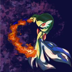 Rule 34 | 1girl, absurdres, akira (akira art poke), arm at side, arm up, back, bob cut, colored skin, creatures (company), female focus, fire, from behind, full body, game freak, gardevoir, gen 3 pokemon, green hair, green skin, hair over one eye, highres, looking at viewer, looking back, multicolored skin, mystic fire (pokemon), nintendo, one eye covered, pokemon, pokemon (creature), pokemon move, purple background, pyrokinesis, red eyes, short hair, solo, standing, two-tone skin, white skin