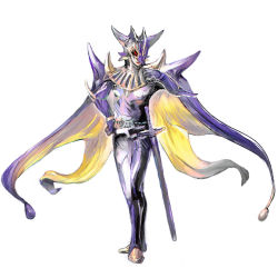 Rule 34 | 1boy, androgynous, armor, belt, byte (grunty-hag1), cape, final fantasy, final fantasy v, gauntlets, grin, halicarnassus, hand on own hip, helmet, looking at viewer, monster, purple cape, red eyes, sheath, sheathed, simple background, smile, spikes, sword, two-tone cape, weapon, white background