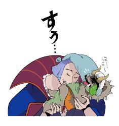 Rule 34 | 2boys, baby, blue hair, blue kimono, carrying, carrying person, closed eyes, denjirou (one piece), dinosaur, green hair, hat, high collar, highres, horns, japanese clothes, kimono, long sideburns, male focus, medium hair, multiple boys, one piece, open mouth, pompadour, sailor hat, sasaki (one piece), screaming, sharp teeth, shin yama3, sideburns, smile, sweat, teeth, triceratops, white background