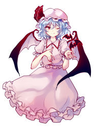 Rule 34 | 1girl, bat (animal), bat wings, blue hair, dress, hat, hat ribbon, highres, mob cap, one eye closed, pink dress, puffy short sleeves, puffy sleeves, red eyes, remilia scarlet, ribbon, short hair, short sleeves, simple background, smile, solo, touhou, uranaishi (miraura), white background, wings, wrist cuffs