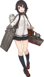 Rule 34 | 1girl, aircraft, anchor, b7a ryuusei, black hair, blush, full body, grey eyes, hayasui (kancolle), jacket, kantai collection, kneehighs, konishi (koconatu), loafers, looking at viewer, machinery, miniskirt, official art, pleated skirt, remodel (kantai collection), shoes, short hair, skirt, socks, solo, strap, track jacket, transparent background, turret, turtleneck