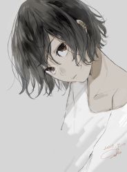 Rule 34 | 1girl, black hair, brown eyes, character request, close-up, closed mouth, commentary request, dated, grey background, head tilt, highres, looking at viewer, off shoulder, sako (35s 00), shirt, short hair, signature, simple background, solo, white shirt
