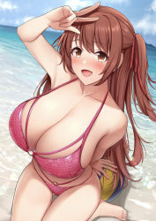 Rule 34 | 1girl, :d, barefoot, beach, bikini, blue sky, breasts, brown eyes, brown hair, cleavage, cloud, collarbone, commentary request, commission, curvy, day, hair ribbon, hand up, highres, huge breasts, kannko bokujou, long hair, looking at viewer, nozomi (princess connect!), nozomi (real) (princess connect!), o-ring, o-ring bikini, o-ring bottom, o-ring top, ocean, open mouth, outdoors, pink bikini, princess connect!, red ribbon, ribbon, sitting, skeb commission, sky, smile, solo, swimsuit, toes, v