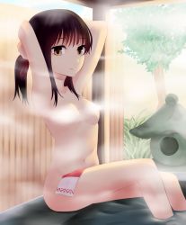 Rule 34 | 1girl, armpits, arms up, black hair, breasts, brown eyes, collarbone, commentary request, convenient censoring, feet out of frame, hair ribbon, hakurei reimu, highres, looking at viewer, medium hair, miyo (ranthath), multicolored towel, navel, nude, onsen, print towel, red ribbon, red towel, ribbon, sidelocks, sitting, small breasts, solo, steam, steam censor, stomach, thighs, touhou, towel, towel on legs, tree, tying hair, water, white towel