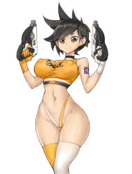 Rule 34 | 1girl, breasts, brown eyes, feet out of frame, female focus, gloves, gun, looking at viewer, navel, overwatch, overwatch 1, ryusho, short hair, simple background, smile, solo, spiked hair, tracer (overwatch), weapon
