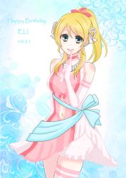 Rule 34 | 1girl, artist request, asymmetrical legwear, ayase eli, bare shoulders, blonde hair, blue eyes, blue ribbon, blush, bokutachi wa hitotsu no hikari, bow, breasts, choker, dress, elbow gloves, female focus, flower, gloves, hair flower, hair ornament, hairband, high ponytail, long hair, looking at viewer, love live!, love live! school idol festival, love live! school idol project, nari929, navel, parted lips, pink dress, ponytail, red bow, ribbon, ribbon choker, short dress, short hair, sleeveless, sleeveless dress, smile, solo, standing, striped clothes, striped thighhighs, thighhighs, uneven legwear, white gloves, white hairband, white thighhighs