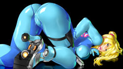 Rule 34 | 1girl, all fours, ass, black background, blonde hair, blue bodysuit, blue eyes, bodysuit, breasts, cameltoe, commentary request, directed-energy weapon, energy gun, energy weapon, from behind, gun, handgun, huge ass, impossible bodysuit, impossible clothes, large breasts, lips, long hair, looking at viewer, looking back, metroid, nintendo, paralyzer, pistol, ponytail, samus aran, shinobu (tyno), shiny skin, simple background, skin tight, solo, super smash bros., weapon, wide hips, zero suit
