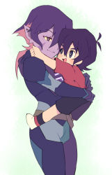 Rule 34 | 1boy, 1girl, aged down, alien, black hair, carrying, child carry, colored skin, facial mark, hug, keith (voltron), krolia, miyata (lhr), mother and son, multicolored hair, pointy ears, purple eyes, purple hair, purple skin, spoilers, two-tone hair, voltron: legendary defender, voltron (series)