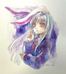 Rule 34 | 1girl, absurdres, dated, highres, index finger raised, long hair, looking at viewer, necktie, one-hour drawing challenge, painting (medium), purple eyes, red eyes, reisen udongein inaba, shiroma (mamiko), touhou, traditional media, watercolor (medium), white background