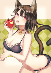 Rule 34 | 1girl, animal ears, apple, ass, bare arms, bare shoulders, bell, black bra, black panties, blush, bra, breasts, brown hair, cat ears, cat girl, cat tail, cleavage, collar, collarbone, cowboy shot, eating, fangs, female focus, food, fruit, heart, holding, holding food, jingle bell, kaio (watagami), large breasts, leaning, leaning forward, looking at viewer, neck, neck bell, open mouth, original, panties, red eyes, short hair, solo, tail, underwear, underwear only