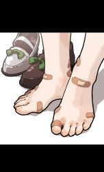 Rule 34 | 1girl, amonitto, asymmetrical footwear, bandaid, bandaid on foot, barefoot, black footwear, close-up, commentary request, feet, feet only, foot focus, highres, letterboxed, mismatched footwear, shadow, shoes, unworn shoes, silence suzuka (umamusume), toes, umamusume, white footwear