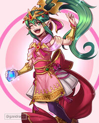 Rule 34 | 1girl, ;d, circlet, commentary request, dragonstone, dress, feet out of frame, fire emblem, fire emblem: shadow dragon and the blade of light, green eyes, green hair, gzei, highres, holding, long hair, looking at viewer, nintendo, one eye closed, open mouth, pink background, pink dress, pointy ears, ponytail, purple thighhighs, skirt, smile, solo, thighhighs, tiki (fire emblem), tiki (young) (fire emblem), white skirt