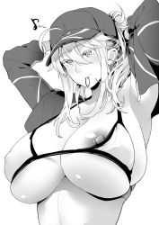 Rule 34 | 1girl, ahoge, armpits, arms behind head, arms up, artoria pendragon (fate), artoria pendragon (lancer) (fate), baseball cap, bikini, blush, breasts, cleavage, closed mouth, collarbone, commentary request, cropped jacket, fate/grand order, fate (series), greyscale, hair between eyes, hair through headwear, hat, huge breasts, long hair, long sleeves, looking at viewer, monochrome, mouth hold, mysterious heroine xx (fate), nipple slip, nipples, open clothes, ponytail, shrug (clothing), sidelocks, simple background, smile, soba (saz), solo, swimsuit, tying hair, white background, zipper pull tab