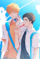 Rule 34 | 2boys, bag, black hair, blonde hair, blue eyes, blue sky, can, cloud, commentary request, day, food, food in mouth, groo29, height difference, holding, holding can, kasamatsu yukio, kise ryouta, kuroko no basuke, looking at viewer, male focus, multiple boys, one eye closed, open clothes, orange shirt, outdoors, parted lips, popsicle, shirt, short hair, sky, sweatdrop, white shirt