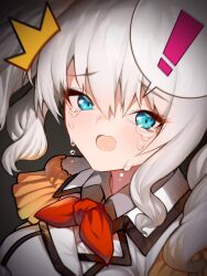 Rule 34 | !, blue eyes, blush, close-up, grey hair, highres, jacket, kantai collection, kashima (kancolle), looking at viewer, nichigeckoh, tears, twintails, white jacket