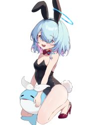 Rule 34 | 1girl, :d, absurdres, animal ears, arona (blue archive), ayaha 4780828, blue archive, blue eyes, blue hair, bow, bowtie, braid, hair over one eye, halo, high heels, highres, leotard, looking at viewer, open mouth, playboy bunny, rabbit ears, rabbit tail, red bow, red bowtie, red footwear, short hair, single braid, smile, solo, tail, whale, white bow