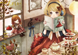 Rule 34 | 1girl, bad id, bad pixiv id, blonde hair, book, cup, doll, flower, food, fruit, headphones, heart, indoors, macaron, open book, original, reading, ribbon, shindog, solo, strawberry, sugar cube, sweets, teacup, teapot, tiered tray