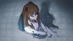 1girl, absurdres, angry, artist request, blue eyes, breasts, brown hair, chair, cross, evangelion: 3.0+1.0 thrice upon a time, eyepatch, full body, highres, legs crossed, long hair, looking at viewer, neon genesis evangelion, plugsuit, rebuild of evangelion, sitting, sitting on chair, small breasts, solo, soryu asuka langley, tsundere, twintails