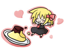 Rule 34 | 1girl, blonde hair, blush, chibi, eating, embodiment of scarlet devil, fang, female focus, food, hair ribbon, heart, lowres, md5 mismatch, outstretched arms, pudding, red eyes, resolution mismatch, ribbon, rumia, solo, source smaller, spread arms, touhou, yanagi (nurikoboshi)