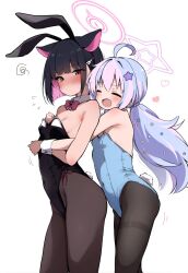 Rule 34 | 2girls, ahoge, ai-assisted, alternate costume, animal ears, armpit crease, black hair, black leotard, black pantyhose, blue archive, blue hair, blue leotard, blush, breasts, cat ears, closed mouth, colored inner hair, commentary, covered navel, embarrassed, fake animal ears, fake tail, flying sweatdrops, from side, hair ornament, hair scrunchie, hairclip, halo, heart, highres, hug, hug from behind, kazusa (blue archive), leotard, long hair, low twintails, meowmeow hnn, multicolored hair, multiple girls, open mouth, pantyhose, pink hair, playboy bunny, rabbit ears, rabbit tail, reisa (blue archive), ribs, scrunchie, short hair, sideboob, simple background, small breasts, smile, squiggle, star (symbol), star hair ornament, tail, thighband pantyhose, twintails, two-tone hair, very long hair, white background, wrist cuffs