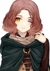 Rule 34 | 1girl, arm up, brown hair, cloak, elden ring, facial tattoo, green cloak, highres, hood, hooded cloak, long sleeves, looking at viewer, melina (elden ring), one eye closed, parted lips, scar, scar across eye, scar on face, scarlet23i0, short hair, sideways glance, simple background, solo, tattoo, upper body, white background, yellow eyes