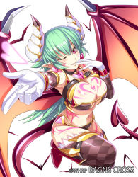 Rule 34 | 1girl, bat (animal), blush, boots, breasts, character request, choker, cleavage, demon girl, demon tail, demon wings, detached sleeves, earrings, foreshortening, gloves, heart, heart earrings, horns, jewelry, keible, large breasts, long hair, midriff, navel, official art, one eye closed, ragna cross, simple background, solo, tail, tattoo, thighhighs, white background, white gloves, wings, wink