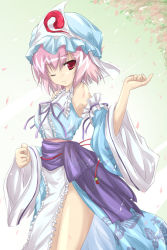 Rule 34 | 1girl, adapted costume, bare shoulders, detached sleeves, female focus, hat, japanese clothes, legs, one eye closed, petals, pink hair, pinky out, red eyes, saigyouji yuyuko, short hair, smile, solo, touhou, wink, yumesato makura