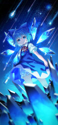 Rule 34 | 1girl, absurdres, bloomers, blue bow, blue dress, blue eyes, blue hair, bow, cirno, collared shirt, detached wings, dress, fairy, hair between eyes, hair bow, highres, ice, ice wings, parted lips, pinafore dress, puffy short sleeves, puffy sleeves, red ribbon, ribbon, shirt, short hair, short sleeves, sleeveless dress, solo, touhou, underwear, white bloomers, white shirt, wings, yuujin (yuzinn333)